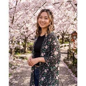 My Neighbor Totoro Short Sleeve Kimono Fringe Floral Womens Size S Black